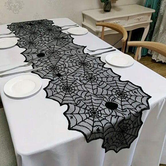 NWT BLACK LACE SPIDERWEB TABLE RUNNER/SPOOKY TABLE RUNNER/HALLOWEEN TABLE RUNNER - Picture 1 of 4